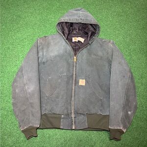 Vintage 90s Carhartt Hooded Coat, Dark Green, One of a Kind Distressed (Large)